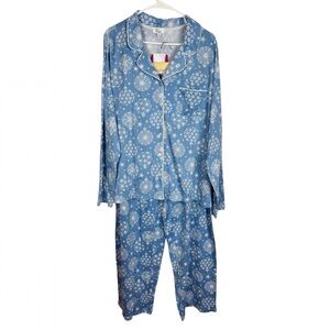 Kim Rogers Pajama Set Women’s Size XL Notch Collar Blue White Ornament New